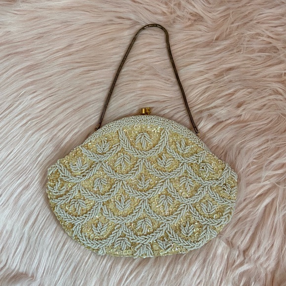 Vintage Handbags - Vintage 60’s Cream Beaded Mini Wristlet Purse